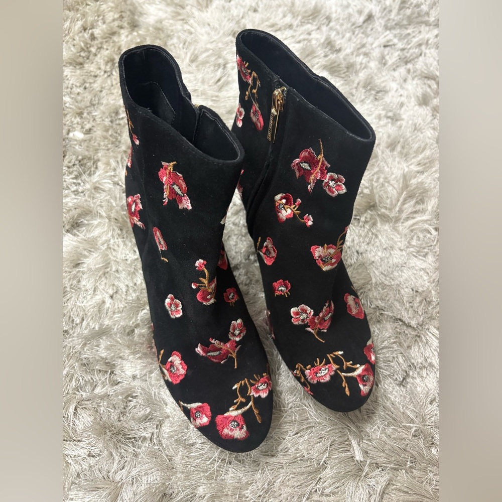 Karl Lagerfeld Black Suede Ankle Boots with Red Floral Embroidery